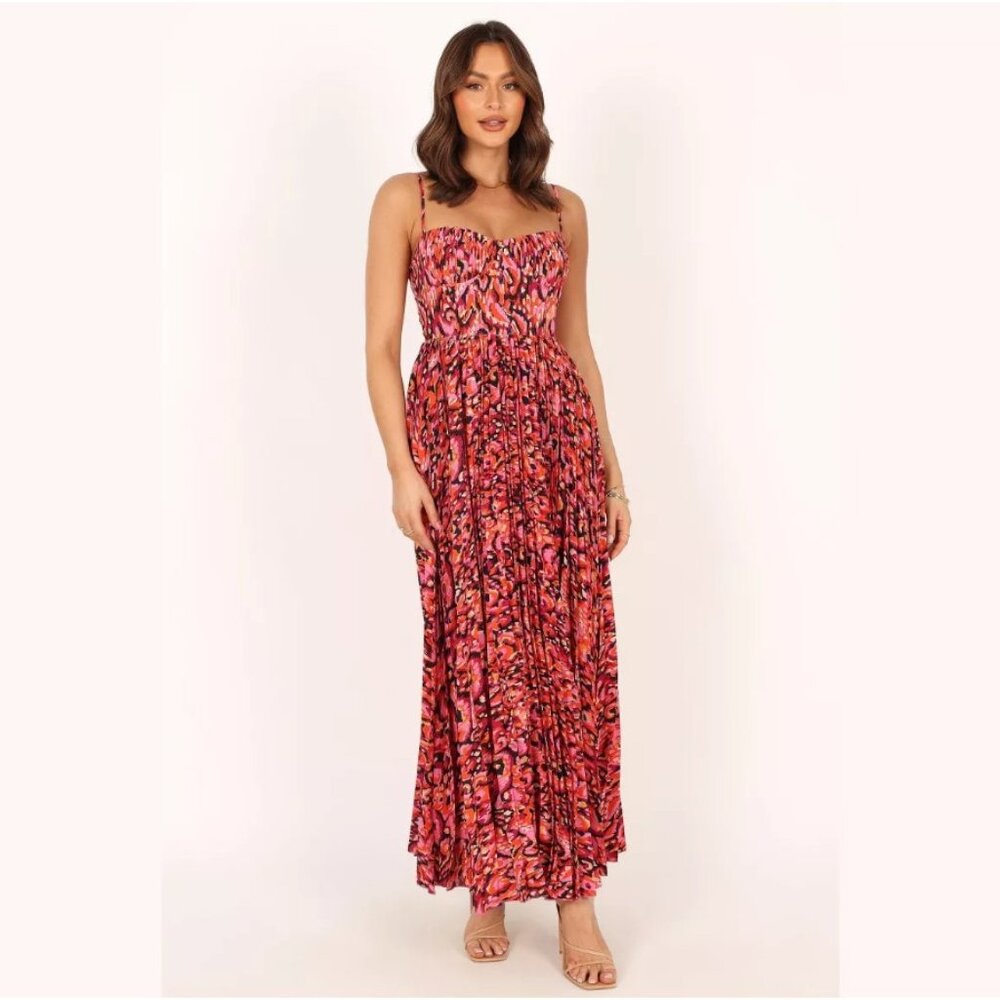 Petal & Pup Womens Achanti Pleated Maxi Dress Sweetheart Neck Pink Multi Large